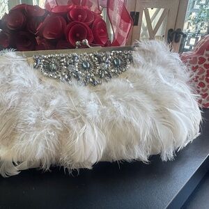 Charming Charlie Cream Feather Clutch with Crystal Accents